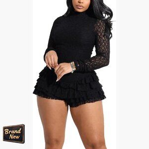 Long Sleeve Lace Romper Backless Bodycon Ruffle Hem Party Clubwear